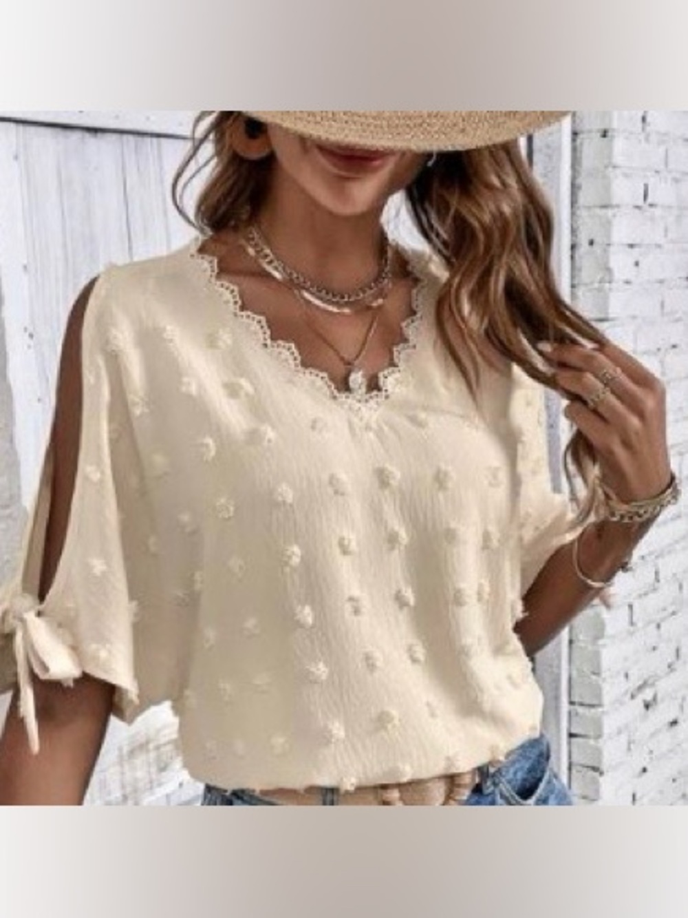 SHEIN Cream Eyelet Lace V-Neck Blouse